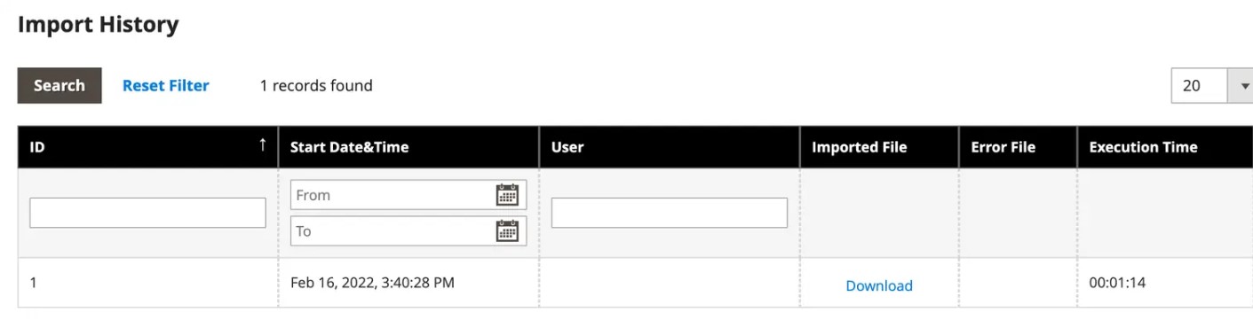 Magento import history