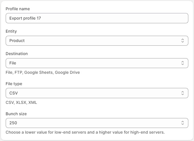 Shopify metafield export: general export settings