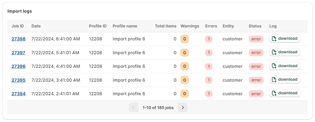 Import & Export Tool for Shopify: import logs