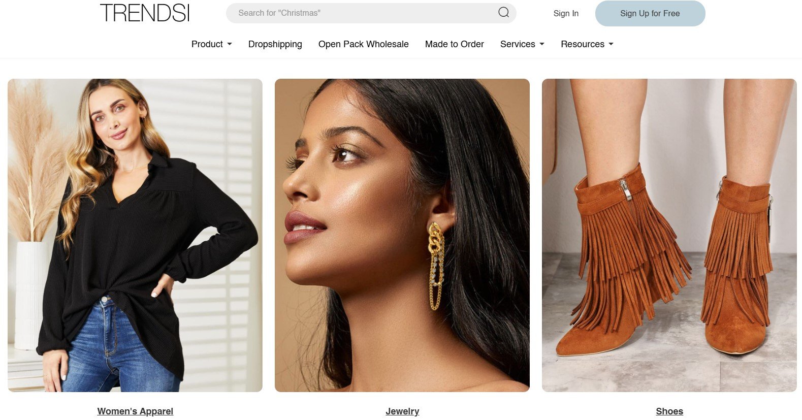 Screenshot from Trendsi website showing women's apparel, jewelry, and shoes categories