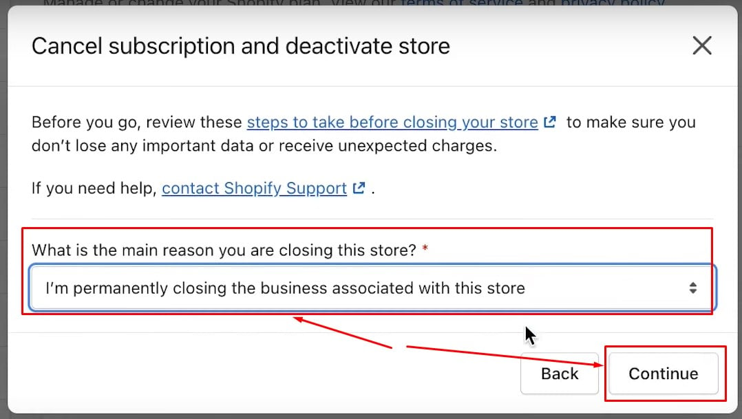 Shopify subscription cancellation dropdown