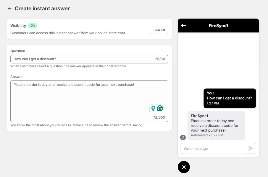 Shopify customer service chat: create instant answer