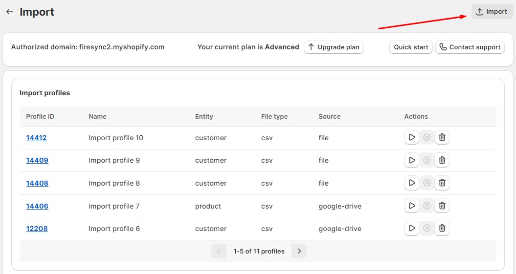 Shopify metafield import: create new import profile