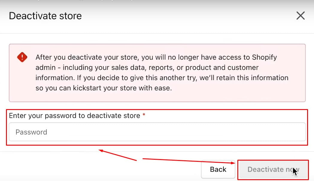 cancel Shopify subscription: provide your password