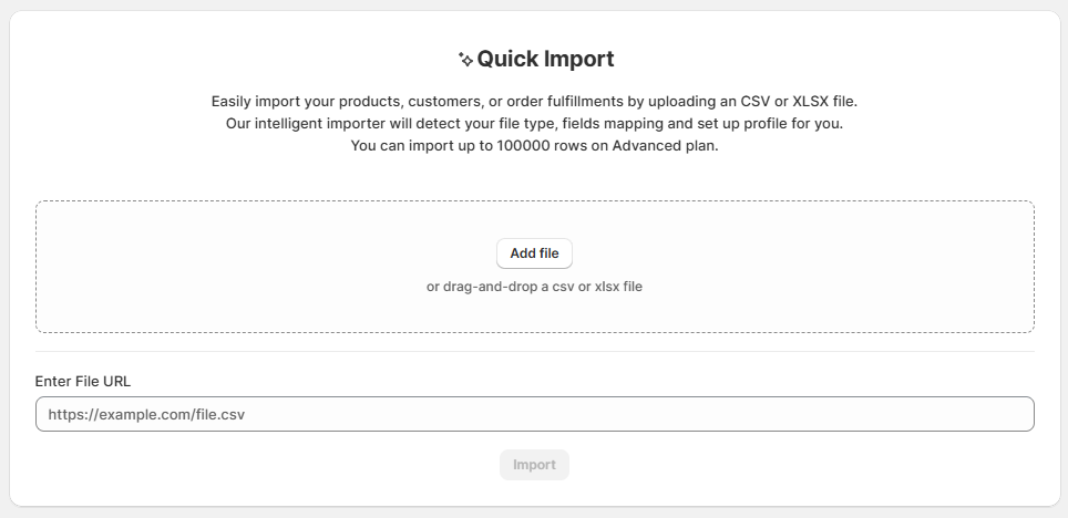 Quick import interface of the Import & Export Tool for Shopify