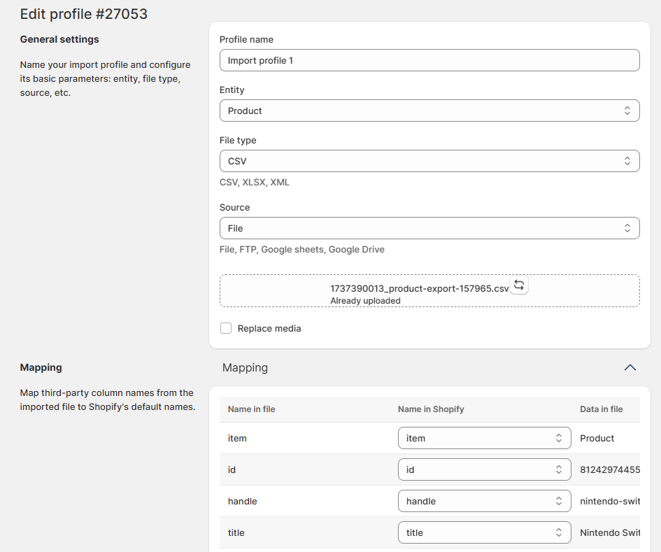 import profile of Import & Export Tool for Shopify after a file has been provided via the Quick import AI feature