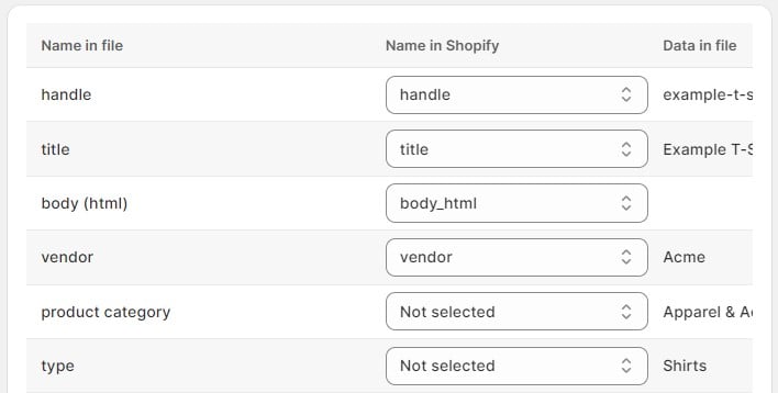 Shopify metafield import: mapping