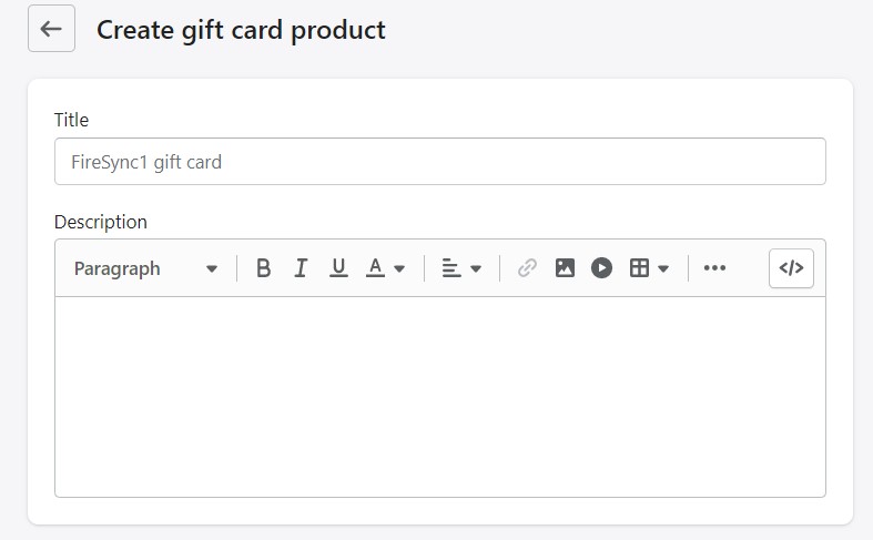 Shopify gift cards title and description field