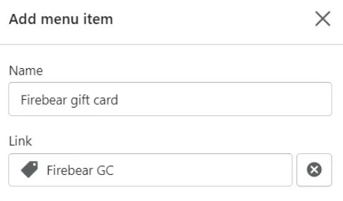 menu element name and link for a gift card 