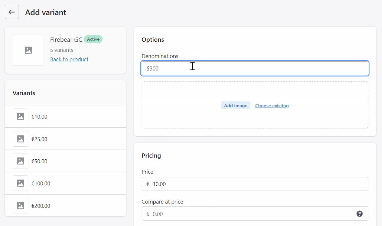 Add new denominations as product variants to a Shopify gift card product