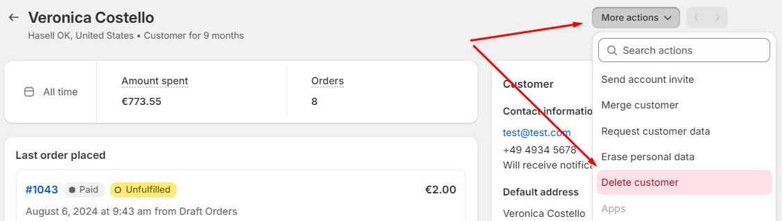 Delete a customer account in Shopify admin