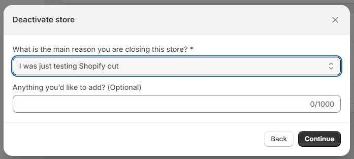 select a reason to Delete a Shopify Account 