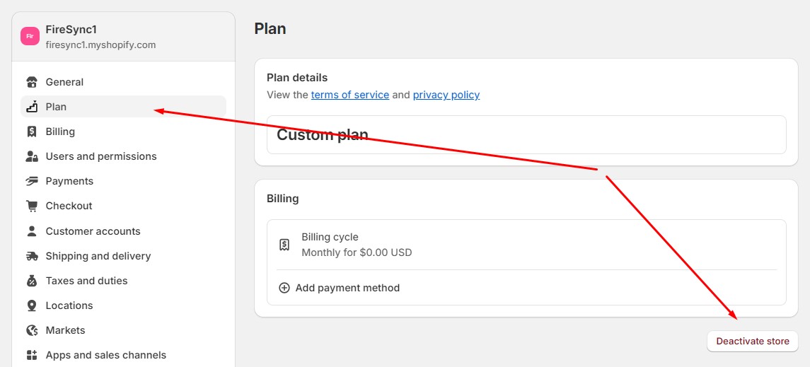 How to Delete a Shopify Account: Go to Settings > Plan