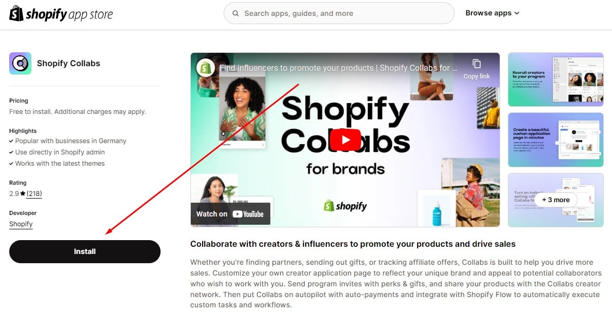 Install Shopify Collabs app from marketplace