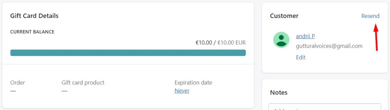 How to resend shopify gift cards from the admin