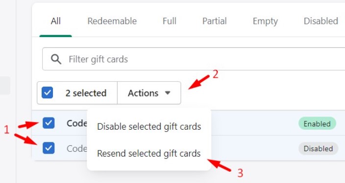 How to resend Shopify gift cards from the list of your gift cards