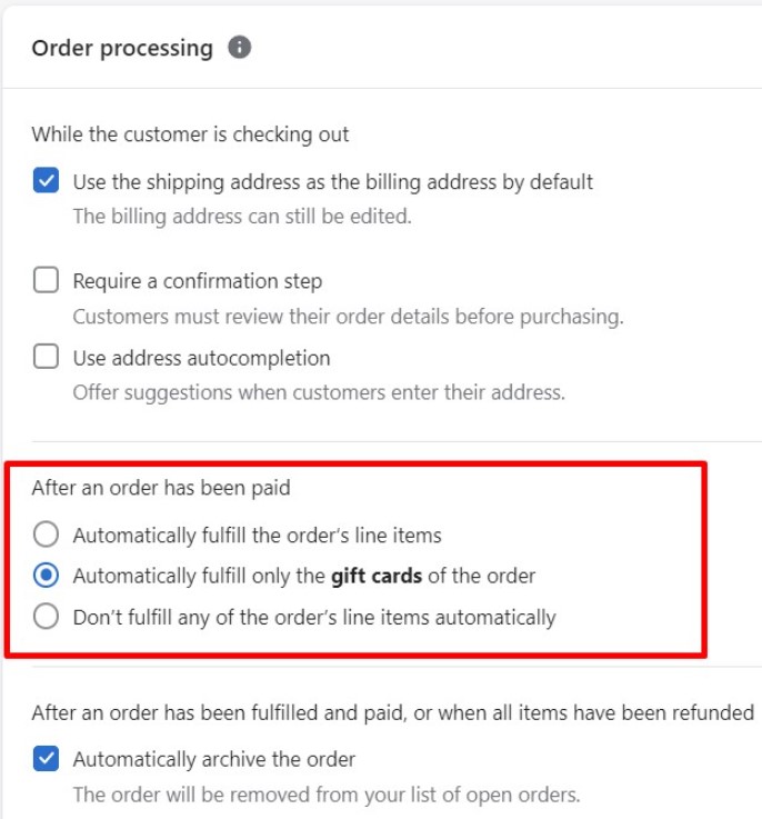 How to configure Shopify Gift Cards fulfillment settings