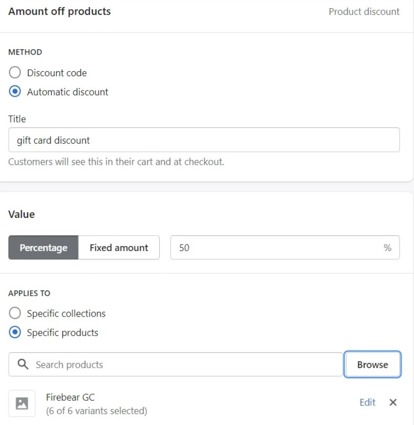 How to set a Shopify gift card automatic discount for specific gift card product