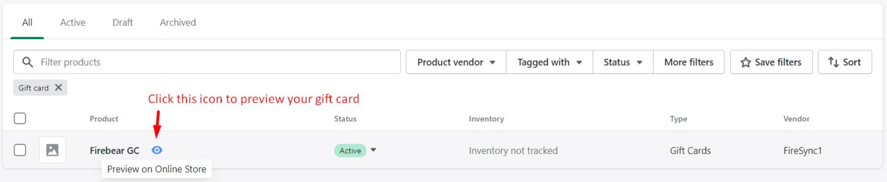 Click the Preview icon to preview Shopify gift cards