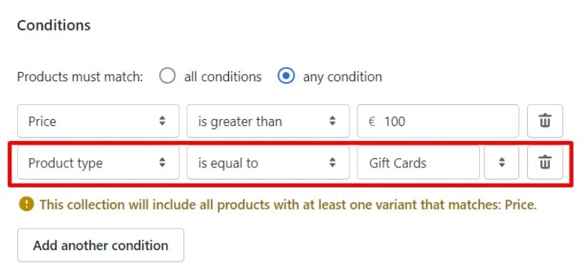 create conditions to add Shopify gift cards.to automated collections