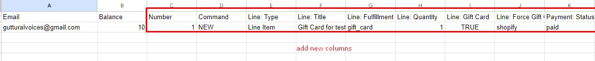 add new columns to CSV for Shopify import of gift cards as order line items