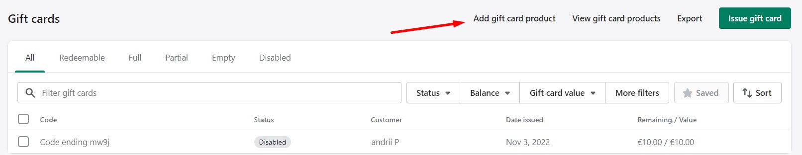 Click add gift card product to add Shopify gift cards