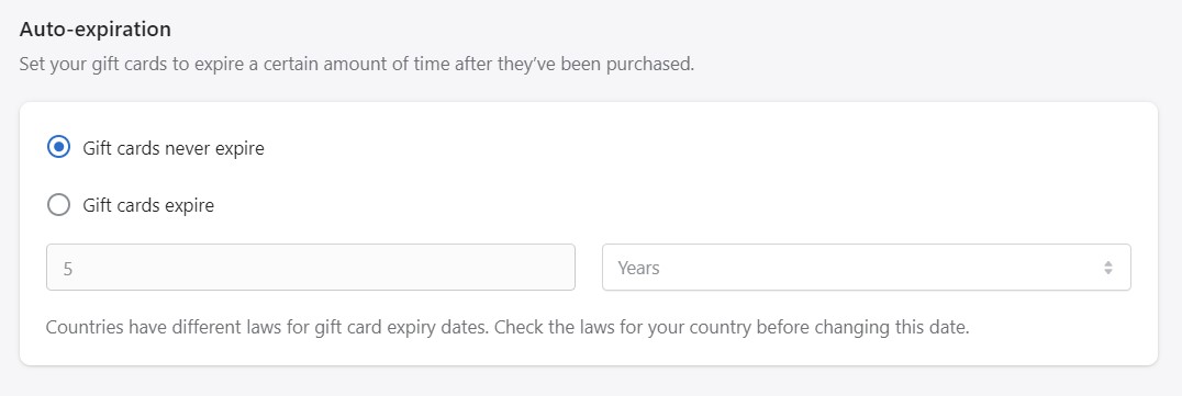 Set auto-expiration period for Shopify gift cards