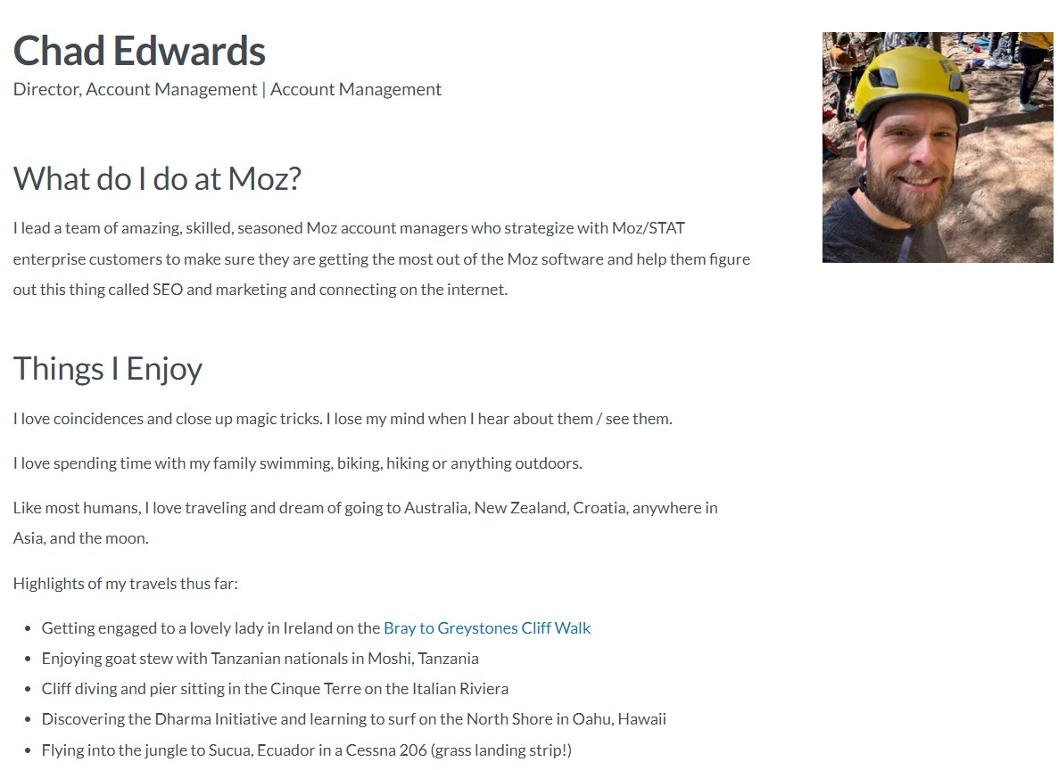 MOZ meet our team page with fun facts about employees