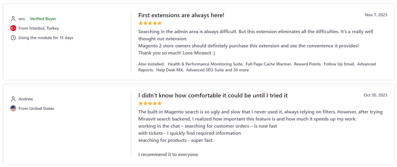 what other people think about Magento 2 Backend Search Extension by Mirasvit