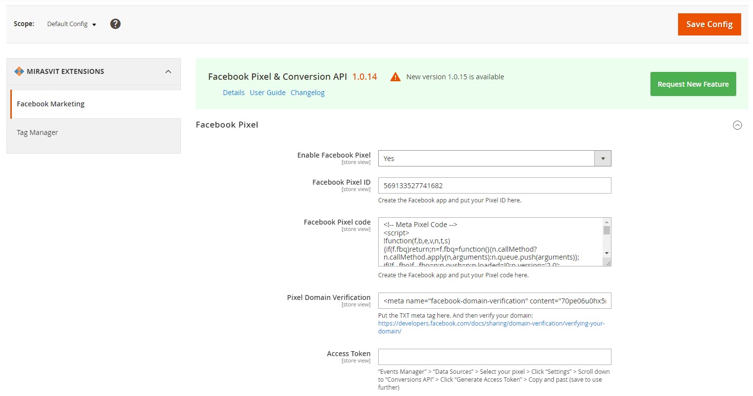 admin configuration of Magento 2 Facebook Pixel extension by Mirasvit