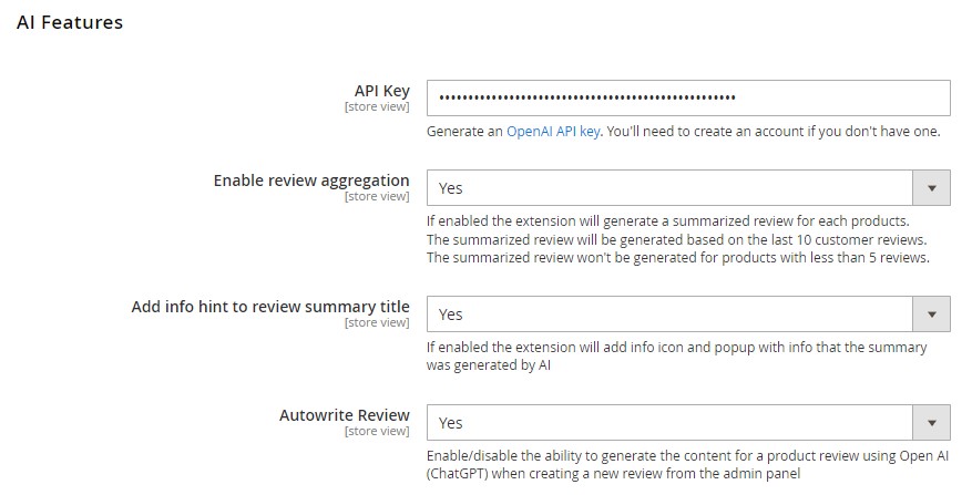 AI features configuration of Mirasvit Advanced Reviews for Magento 2