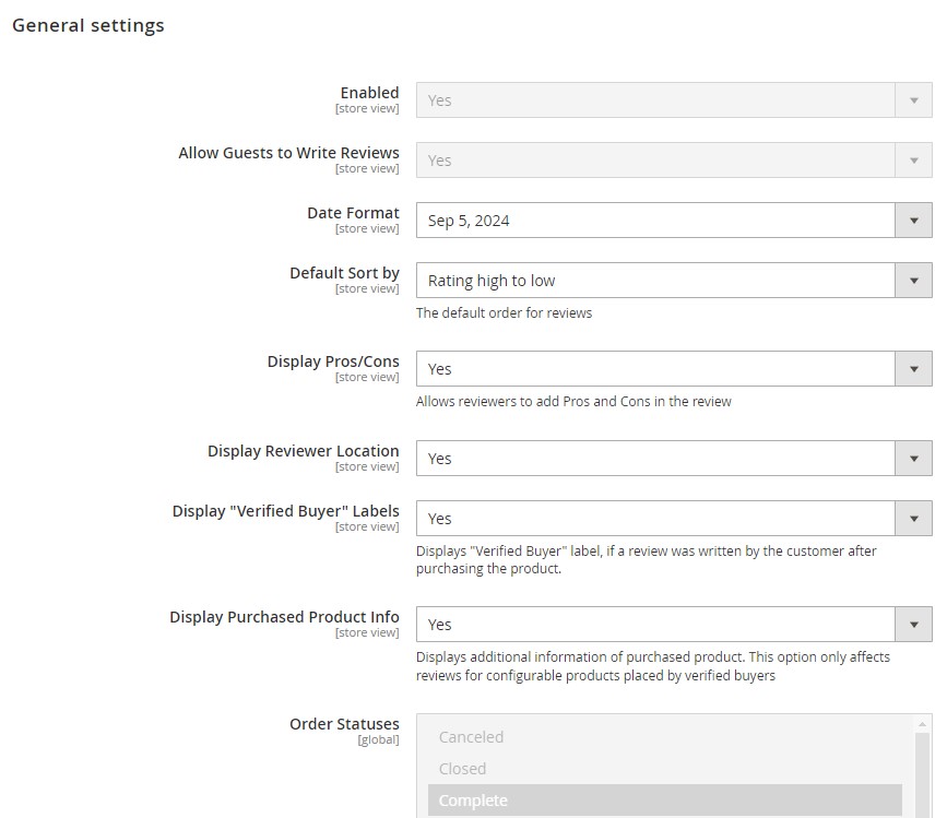 general settings of Mirasvit Advanced Reviews for Magento 2