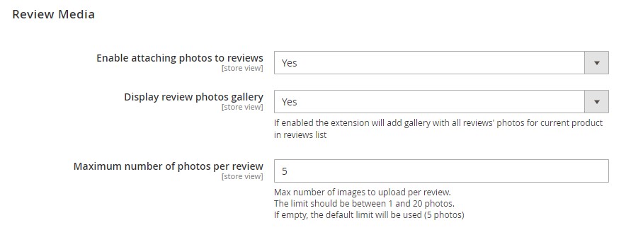 Media review settings of Mirasvit Advanced Reviews for Magento 2