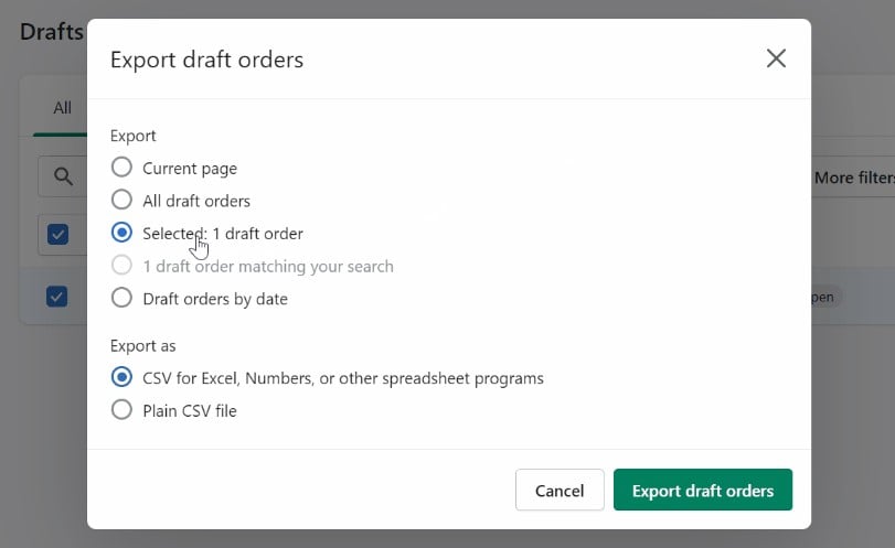 Shopify export of draft orders