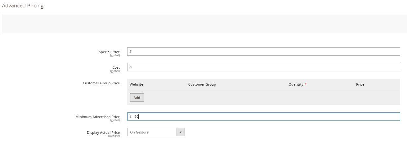 MAP compliance minimum advertised price in Magento 2per product