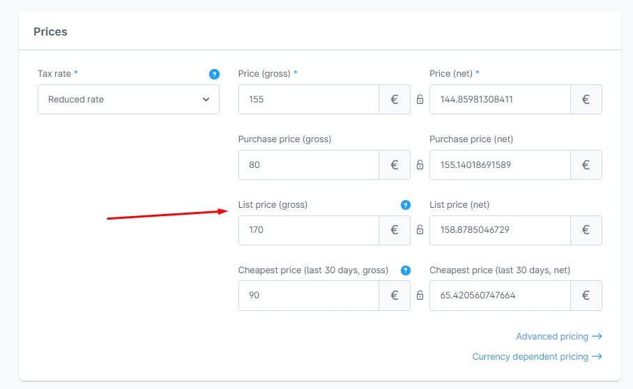 Shopware List price, MSRP, RRP, SRP