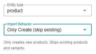 three types of Shopware 6 import behavior for products: Only Create