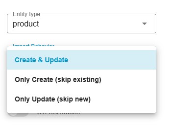 three types of Shopware 6 import behavior for products: Create and Update, Only Update, Only Create