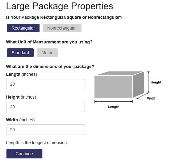 USPS Ground Advantage package properties input form with dimensions and shape options