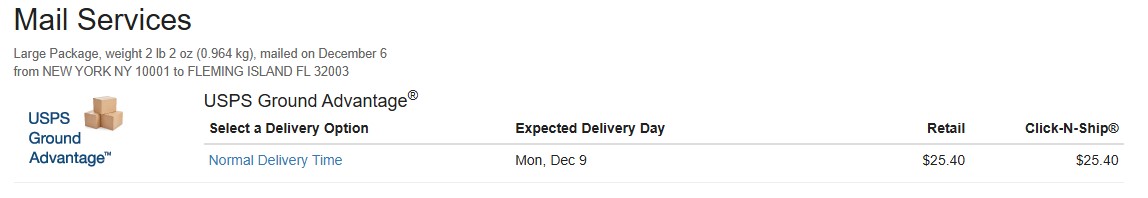 USPS Ground Advantage calculator results displaying delivery date and pricing