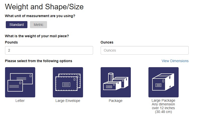 USPS Ground Advantage calculator weight input form for large packages