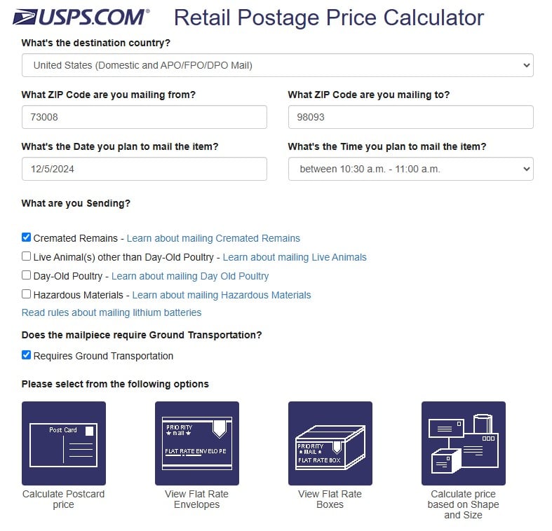 USPS Ground Advantage calculator interface for estimating shipping costs and options