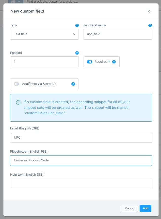 Adding new custom field to enable UPC for Shopware