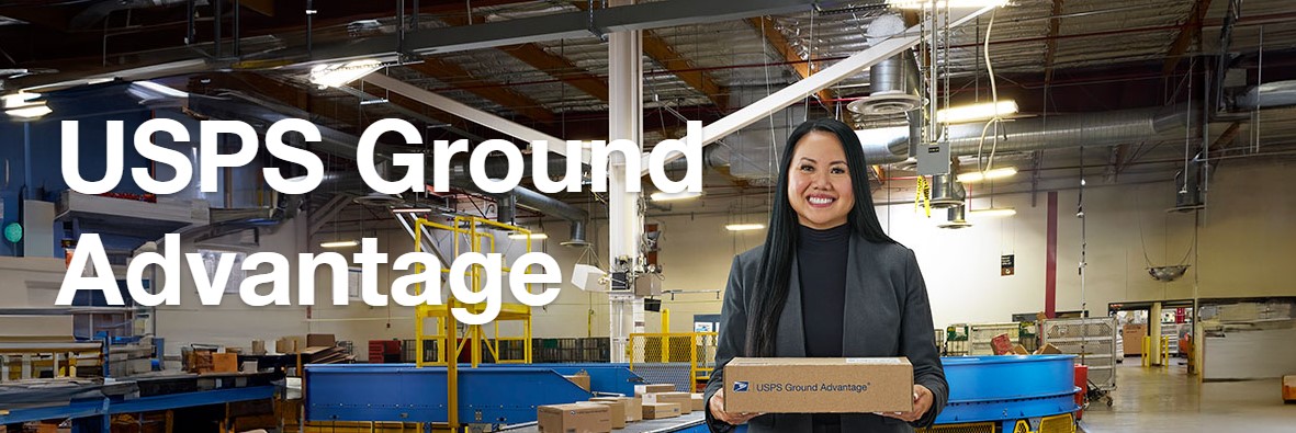 USPS Ground Advantage shipping service visual featuring a postal worker holding a package