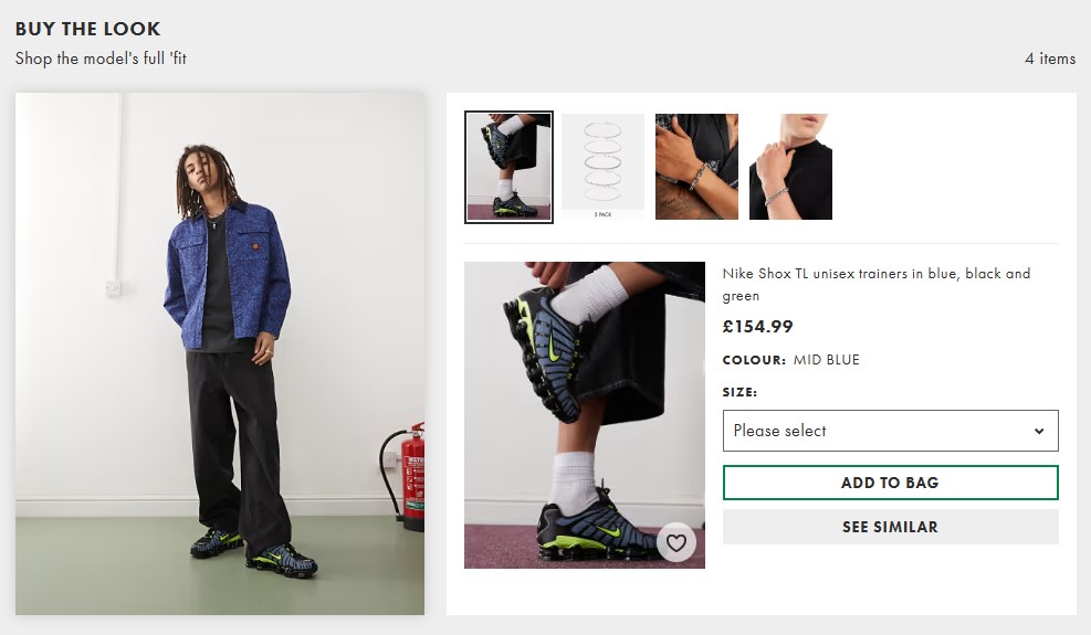 ASOS website screenshot displaying the 'Buy the Look' feature with a model wearing a full outfit and a one-click option to purchase all items. - spontaneous buy