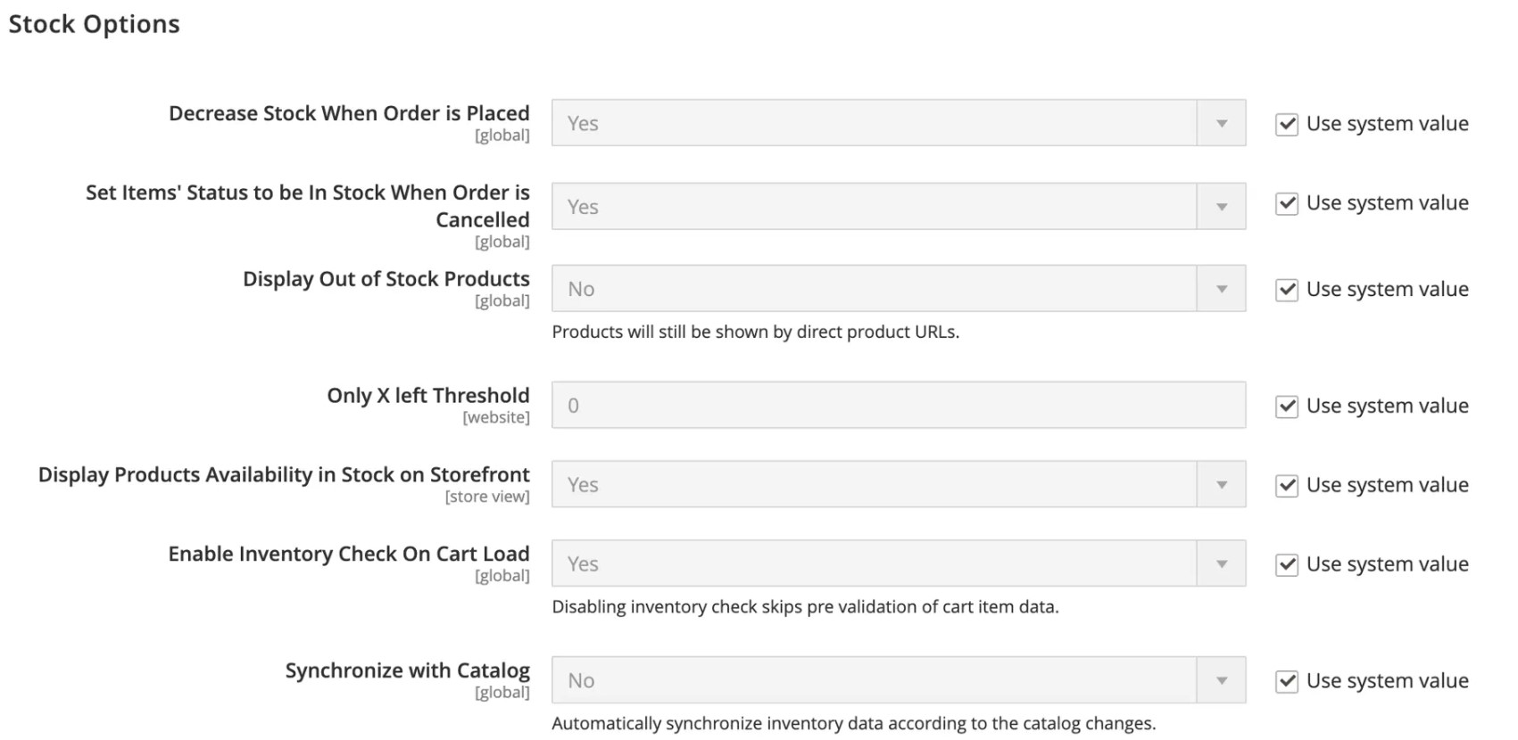 magento 2 admin screenshot with Magento 2 stock options inventory settings