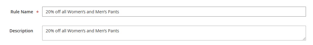 Screenshot of Magento admin panel showing a catalog price rule setup with a 20% discount on women’s and men’s pants
