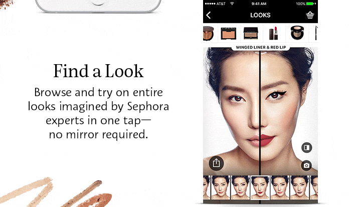 Sephora's Virtual Artist app demonstrating a split-screen AR view of a model's face with different makeup looks applied virtually.