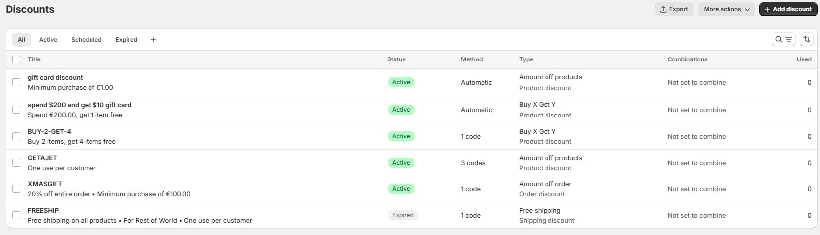 Screenshot of Shopify admin panel displaying different discount strategies, including automatic promotions and gift card offers