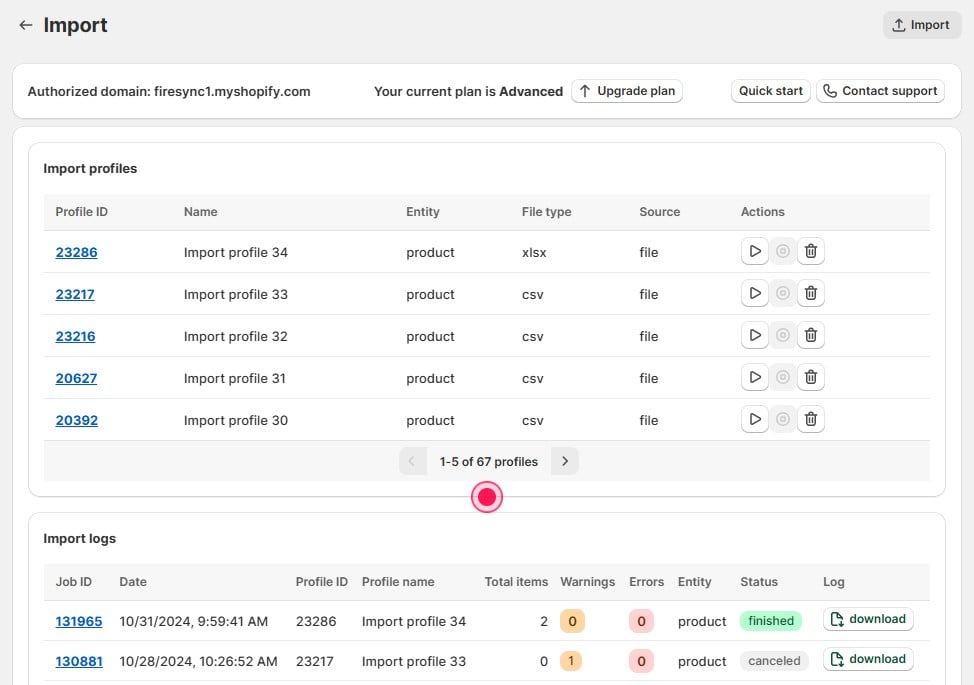 If you import data to Shopify with Firebear, you can use import profiles and monitor migration success in logs